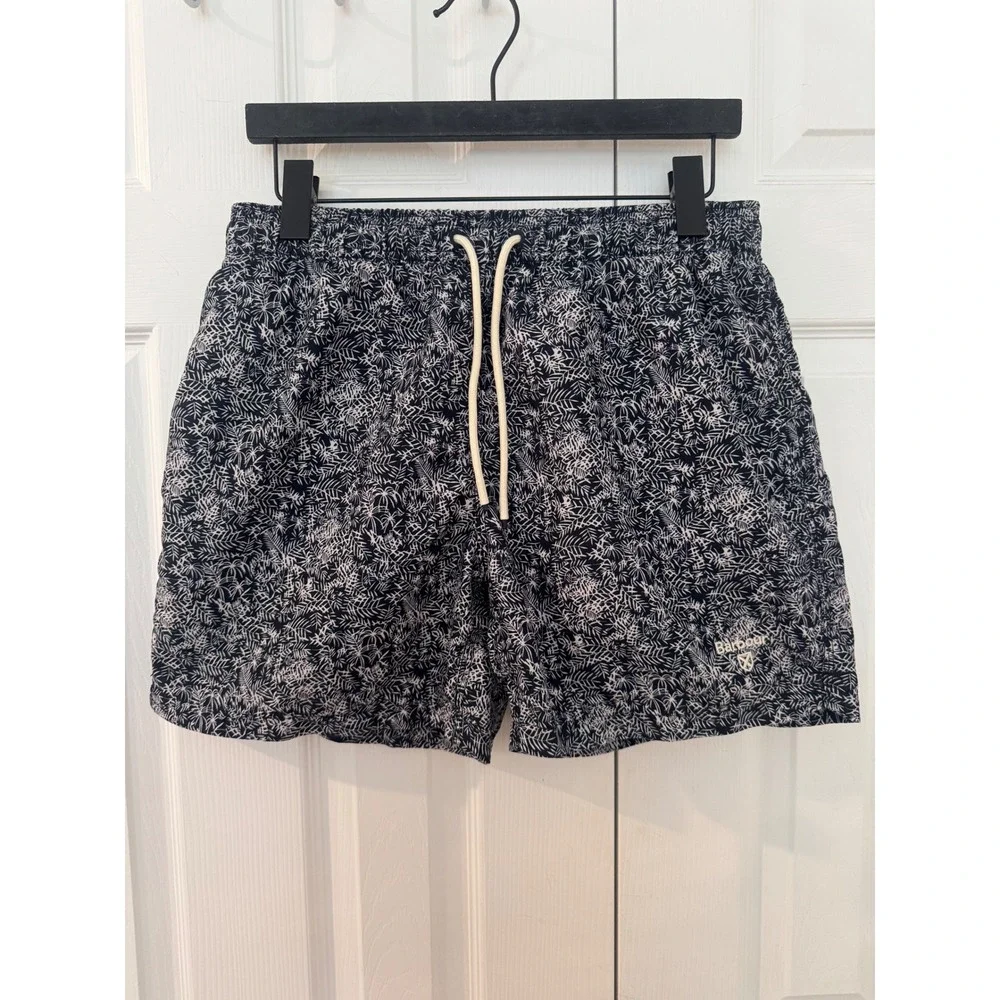 Barbour Mens Swim Shorts Navy White Botanical Leaf Print Mesh Lined Size Medium